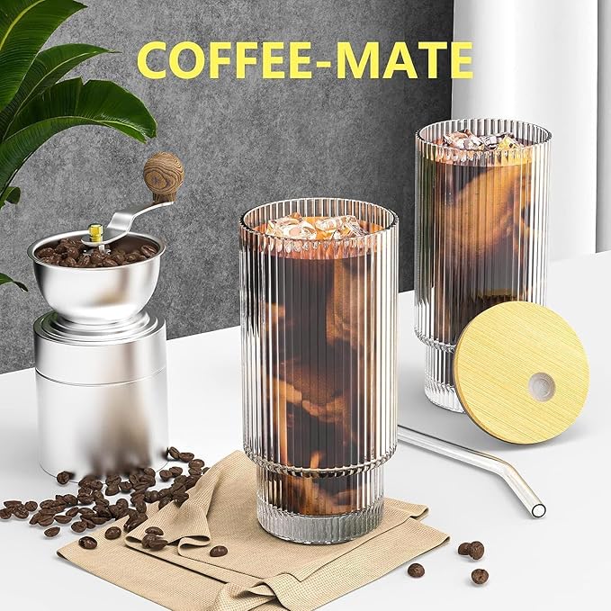 16OZ Glass Cups with Lids and Straws, Vintage Glassware for Whiskey Cocktail Beer, Iced Coffee Cups with Lid, Glass Tumbler with Straw and Lid (2 PACK)