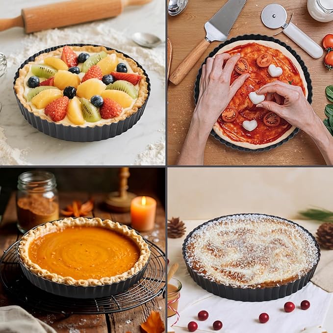 Tart Pan Removable Bottom - 9 Inch Non-Stick Carbon Steel Pie Pan for Baking Tarts, Pies, Quiches, Brownies, Quiche Baking Dish with Fluted Edges, Fruit Tart Mold