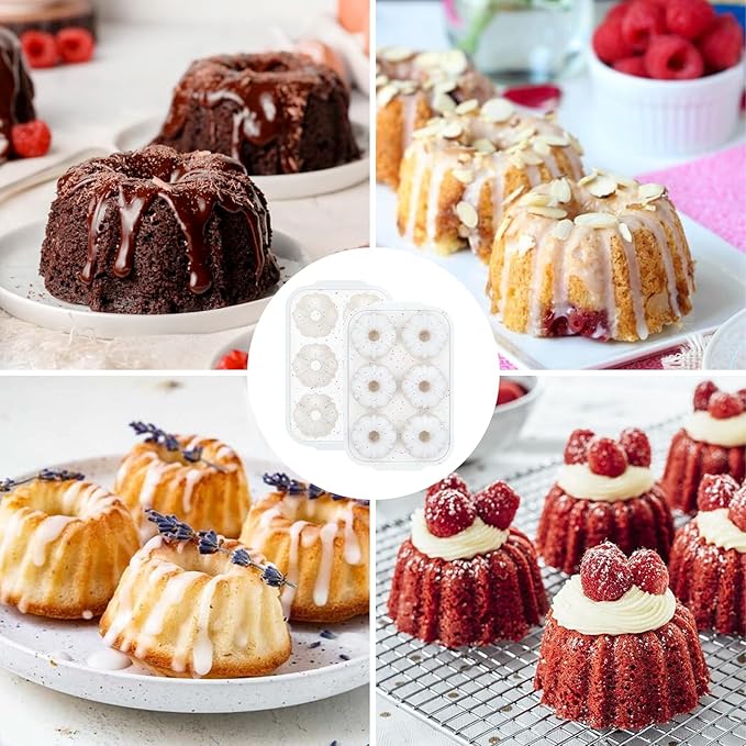 Mini Bundt Cake Pans for Baking, 2Pcs Silicone 6-Cavity Fluted Tube Cake Pan with Metal Reinforced Frame, Nonstick Baking Molds for Cupcake, Brownie, Donuts, Cornbread, Jello