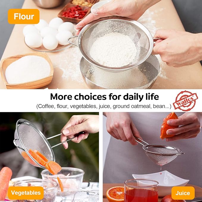 Walfos 7 Inch Fine Mesh Strainers, Premium Stainless Steel Colanders and Sifters, with Reinforced Frame and Sturdy Handle, Perfect for Sift, Strain, Drain and Rinse Vegetables, Pastas and Tea
