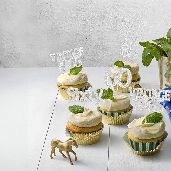 Gyufise 24Pcs 60th Birthday Cupcake Toppers Cheers to 60 Fabulous Sixty Cupcake Picks Vintage 1965 Decorations for 60th Birthday Wedding Anniversary Party Cake Decorations Supplies Silver