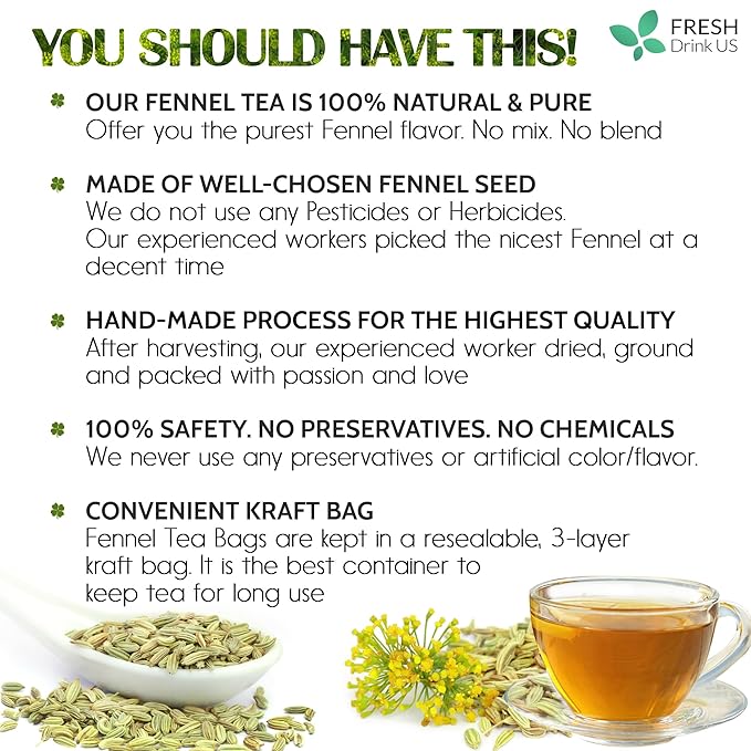FreshDrinkUS, Premium 75 Fennel Seed Tea Bags – 100% Natural & Pure, Handmade Herbal Tea, Eco-Friendly, Fresh Aroma, Made with Natural Material Tea Bags. No Sugar, No Caffeine, No Gluten, Vegan.
