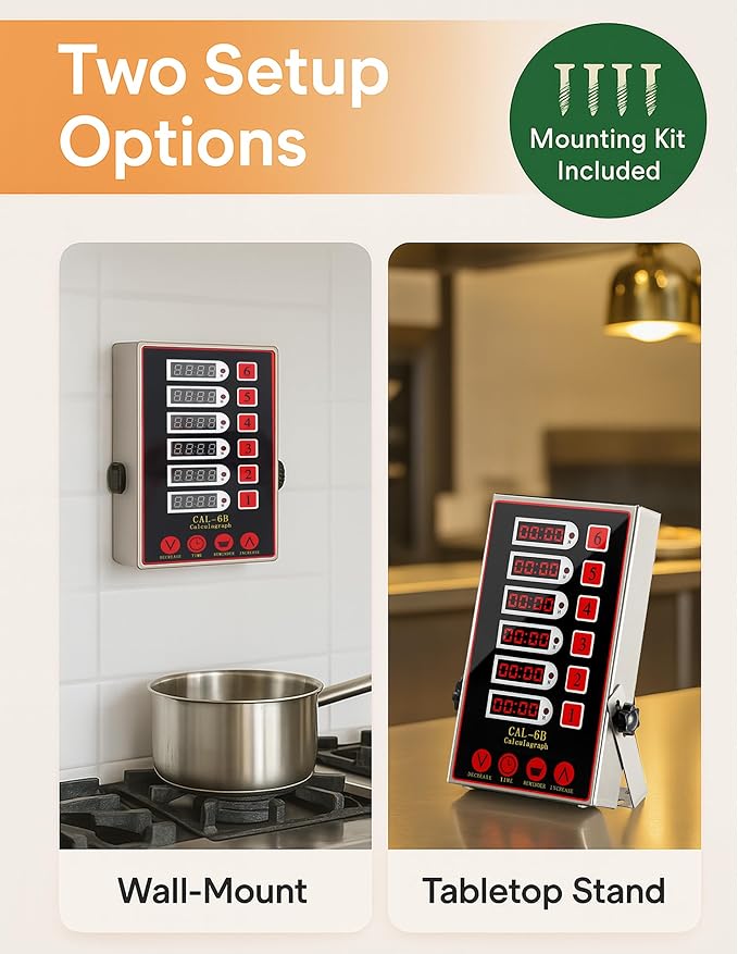 Commercial 6 Channel Kitchen Timer, Digital Stainless Steel Restaurant Timer with Loud Alarm, Multi-Event Reminder for Fryer, Baking
