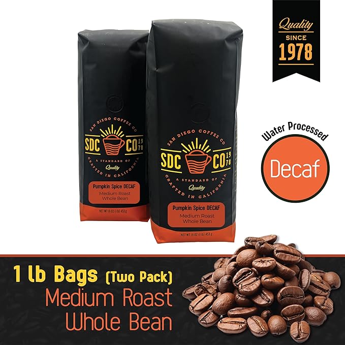 San Diego Coffee DECAF Pumpkin Spice, Medium Roast, Whole Bean Coffee, 16-Ounce Bags (Pack of 2) Café en grano tostado descafeinado