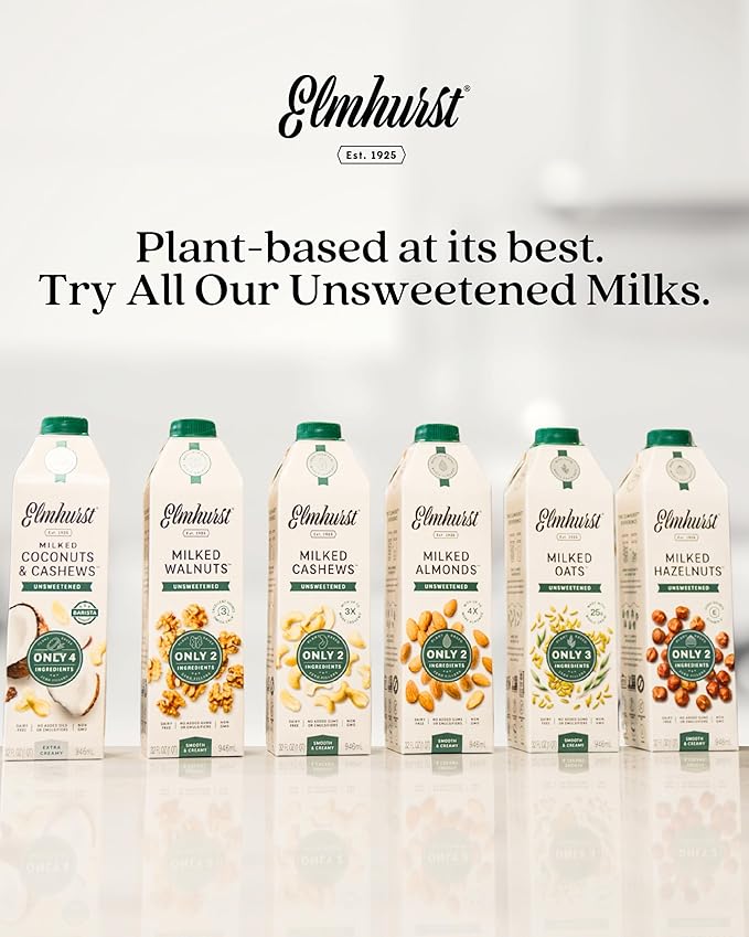 Elmhurst 1925 Cashew Milk Unsweetened - 32 Ounce (Pack of 6) Dairy-Free, Gluten-Free, Vegan, Kosher, Shelf Stable Milk Made with Water & Cashew for Healthier, Simpler Plant-Based Alternatives