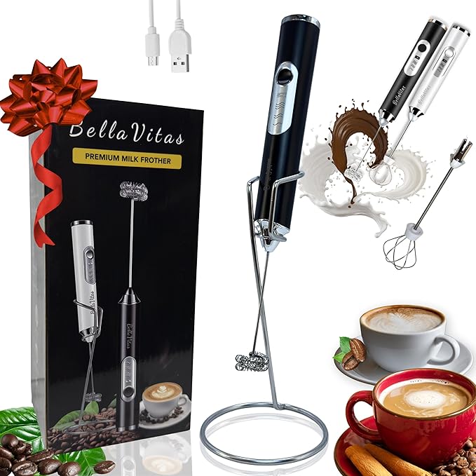 Rechargeable Handheld Milk Frother, Coffee Frother Wand with Stand and 2 Stainless Steel Whisks, Portable Mixer and Foamer, 3 Speed Whisk for Latte, Cappuccino, Matcha, Cocoa, Eggs, Black-1