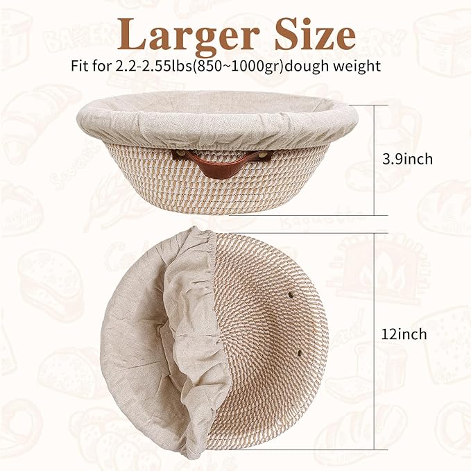 12 Inch Large Cotton Rope Banneton Bread Proofing Basket Set, 2 Pack Round Sourdough Bread Baking Supplies with Liners & Covers for Artisan Bread Baking