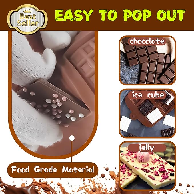 Break-Apart Chocolate Molds, Non-Stick Silicone Chocolate Bar Mold, Food Grade Candy Bar Mold, Perfect for Energy Bar, Cocoa Mini Bar, Basic Bites - 4 Pack