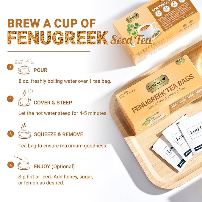 LeafLea 80 Premium Fenugreek Tea Bags, Natural Fenugreek Seed for Toasty Flavor & Sweet Aroma, Fenogreco Tea with Gentle Warmth, Caffeine-Free, Sugar-Free, Vegan, Individually Wrapped for Freshness