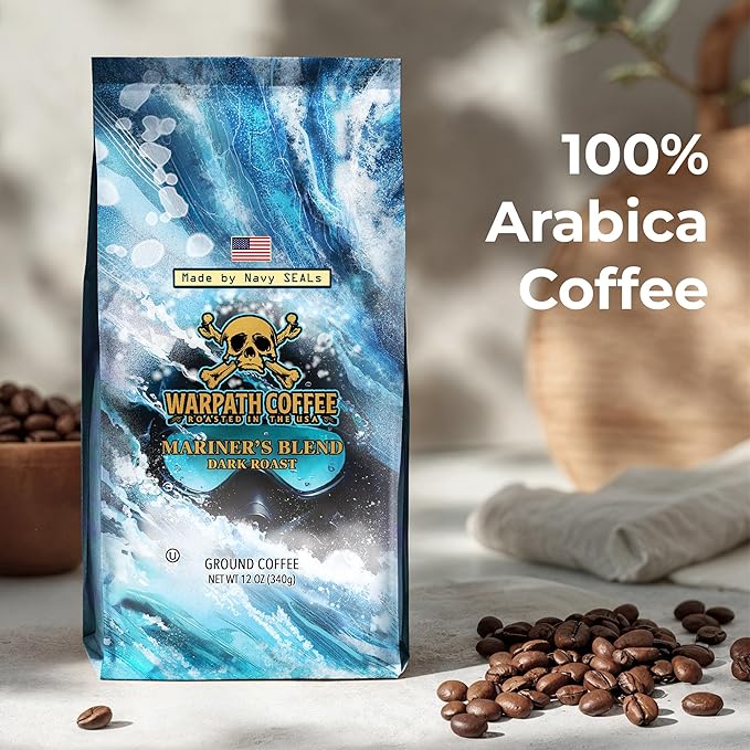Warpath Coffee Ground Coffee Dark Roast, Mariner's Blend, High Caffeine, Extra Strong Roasted 100% Arabica Coffee Ground Beans, Rich Aroma, Full-Bodied Intense Cup, Created by Navy SEALs, 12oz