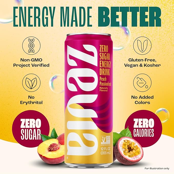 Zevia Zero Sugar Energy Drink, Peach Passionfruit, 12 oz Cans (12-Pack) – Naturally Sweetened, Non-GMO Project Verified, Gluten-Free, Vegan