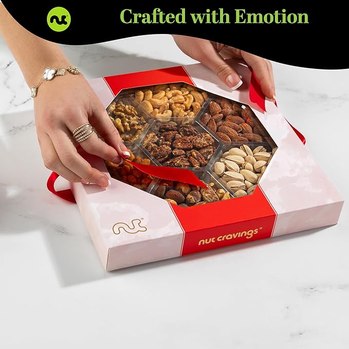 NUT CRAVINGS - Thanksgiving Mixed Nuts Gift Basket in Red Gold Box (7 Assortments, 1 LB) Holiday Xmas Christmas Food Arrangement, Healthy Snack Care Package, Food Assortments