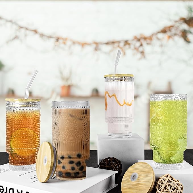 4 Pcs 16 oz Glasses Cups Set with Bamboo Lids Straws Brush Hobnail Glassware Set for Juice Iced Coffee Beer and Cocktail Whiskey