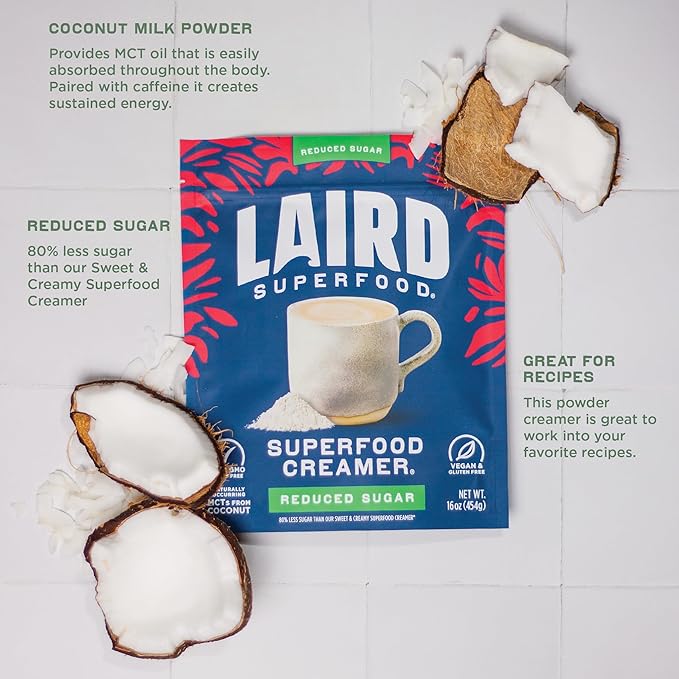 Laird Superfood Non-Dairy Reduced Sugar Superfood Coconut Powder Coffee Creamer, Keto, No Sugar Added, Gluten Free, Non-GMO, Vegan, 8 oz. Bag, Pack of 1