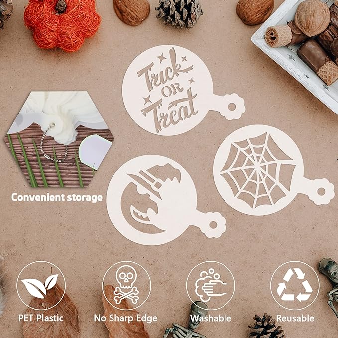 JULBEAR 36 Pieces Reusable Halloween Cake Cookie Stencils Templates Mold Tools for Cookies DIY Holiday Baking Painting Dessert Craft Coffee Decoration