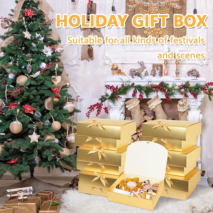 15Pack Gift Boxes with Lids, 10.6x7.8x3.1 Inches Bridesmaid Proposal Boxes with Ribbon, Gold Gift Boxes for Presents,Kraft Paper Boxes for Wedding Christmas Birthday Baby Shower Party