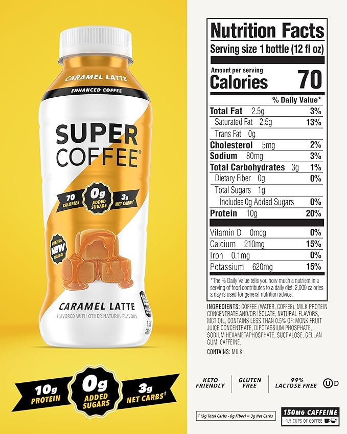 SUPER COFFEE, Keto Protein Coffee (0g Added Sugar, 10g Protein, 70 Calories) [Caramel] 12 Fl Oz, 12 Pack | Iced Smart Coffee - SoyFree GlutenFree