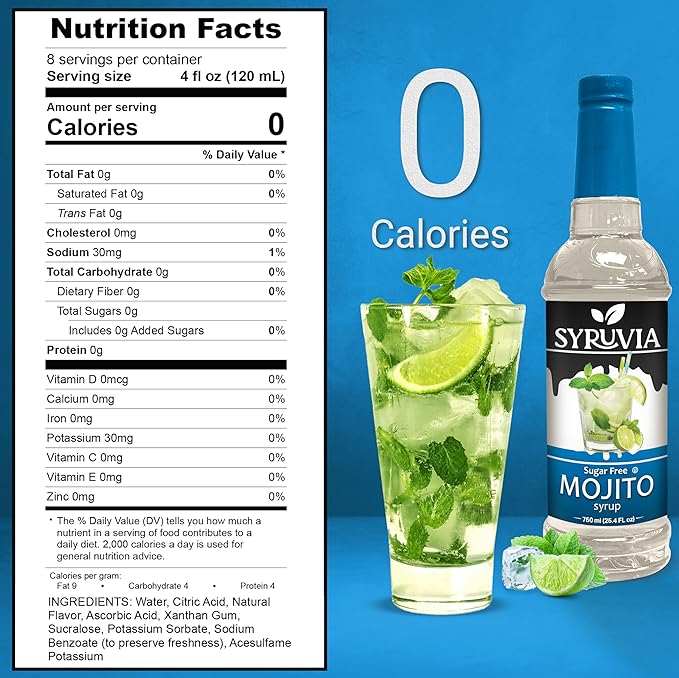 Syruvia Sugar Free Mojito Syrup, Flavored Syrup for Cocktails, Drinks, Lemonades, Iced Teas, and Desserts – 25.4 fl oz