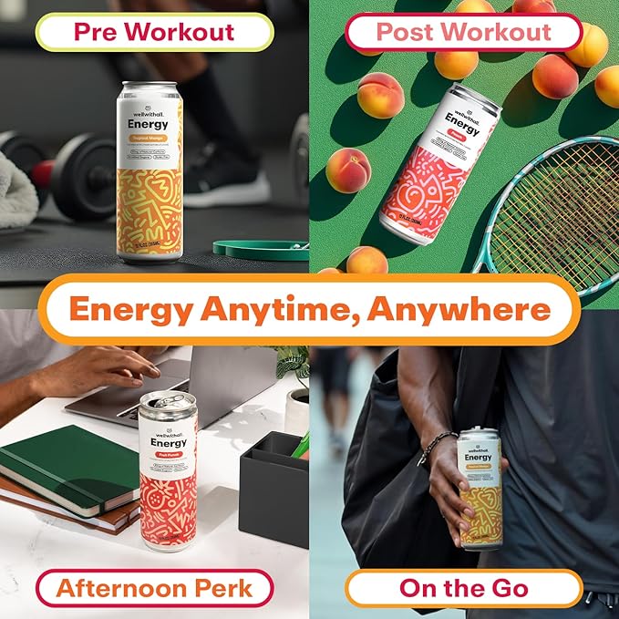 WellWithAll Energy Drink Variety Pack – Fruit Punch, Tropical Mango, and Peach Flavors – Caffeine from Tea – With Vitamin C – Lightly Sparkling Beverage – Fruit & Veggie Juice Blend – 12 Oz (Pack of 12 – 4 Cans of Each Flavor )