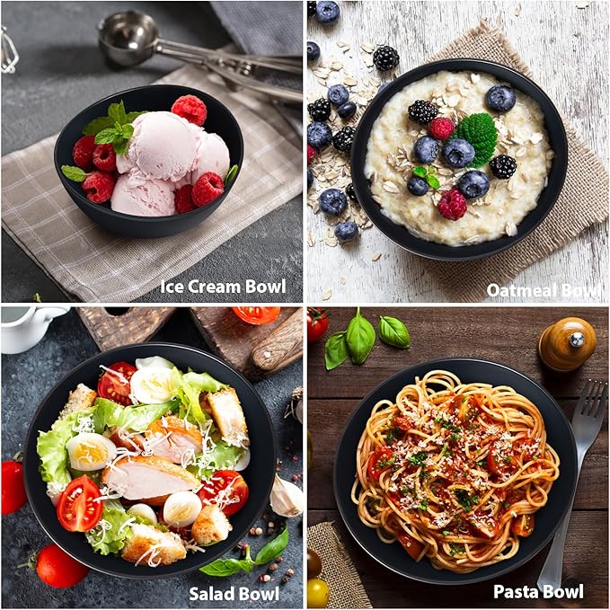 6.2'' Bamboo Fiber Cereal Bows Set of 6, Soup Bowls 24 Oz for Serving Salad, Snack, Side Dishes, Modern Oval Lightweight Bowls for Breakfast,Lunch and Dinner, Dishwasher and Freezer Safe(Matte black)