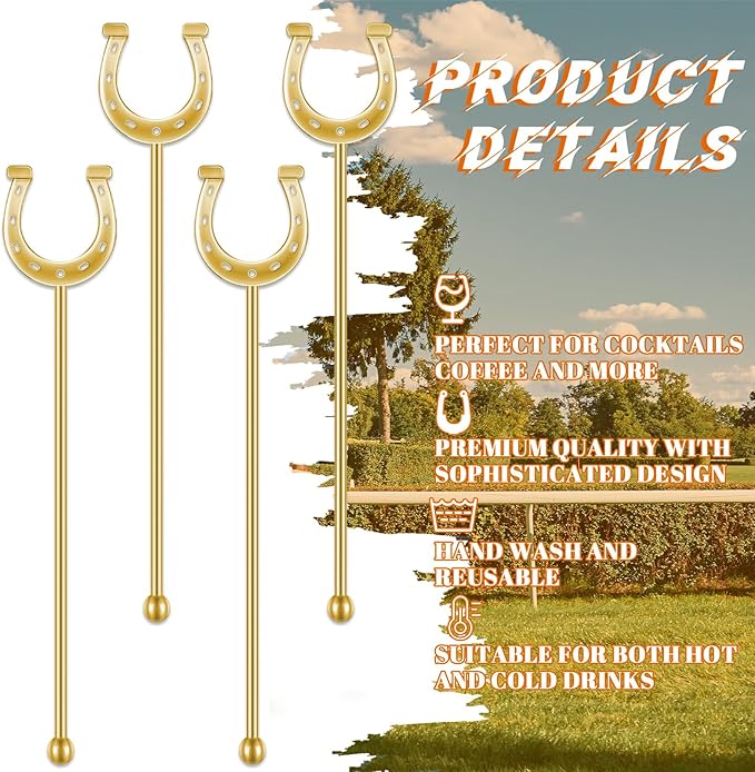 6 Inch Derby Drink Plastic Stirrers Swizzle Sticks for Cocktails Coffee Reusable U Shaped Horseshoe Drink Stirrers for Coffee Beverage Party Bar Weddings Events(Gold,60 Pcs)