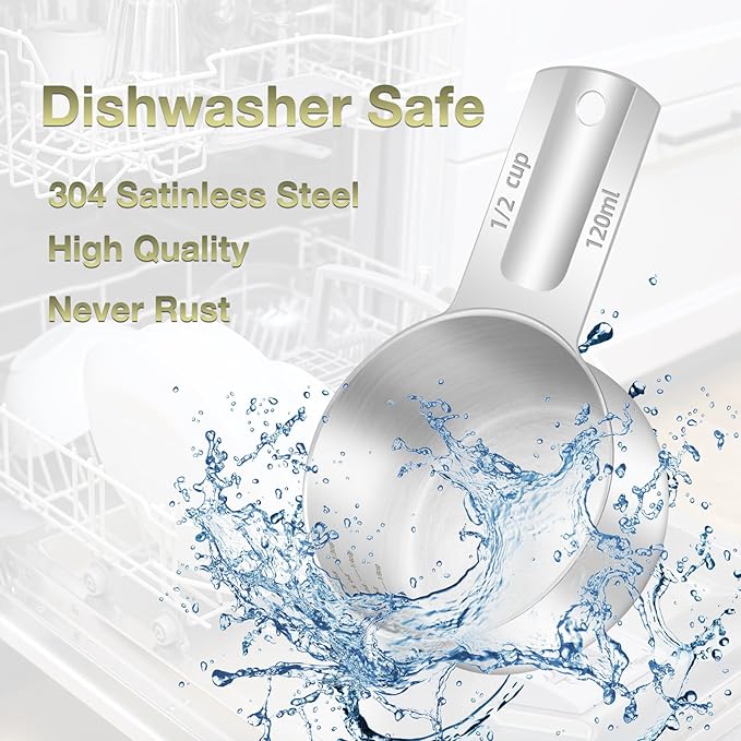 2PCS 1/2Cup (120ml, 4oz) Single Measuring Cup, Etched Inner Scale Stainless Steel Measure Scoop, Metric and US Measurement, Dishwasher Safe
