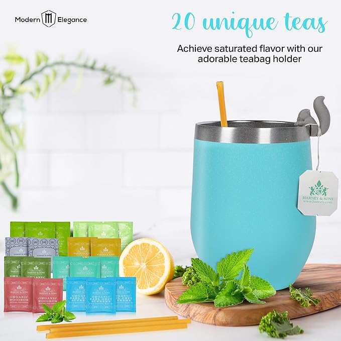 Gift Set with Kettle – 36-Piece Sampler for Tea Lovers with Insulated Mug, Organic Blends & Accessories (Organic Hrny & Sons Tea)