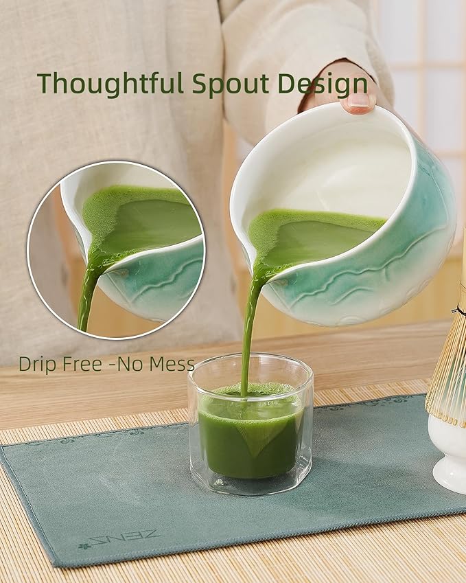 ZENS Matcha Whisk Set, Ceramic Matcha Set Includes Matcha Bowl, Matcha Whisk and Holder, Bamboo Scoop & Tea Towel - 5Pcs Matcha Kit for Matcha Ceremony, Blue