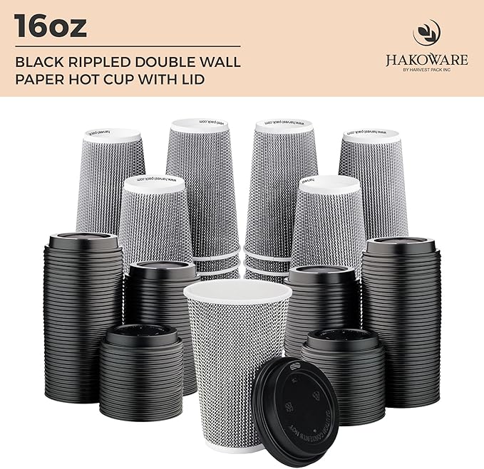 [85 SET]Harvest Pack 16 oz Coffee Cups, Disposable Insulated Coffee Cups, Ripple Double-Walled Paper Cups with Lids, Black and White Geometric, Drinking Cups for Tea Hot Chocolate Drinks To go