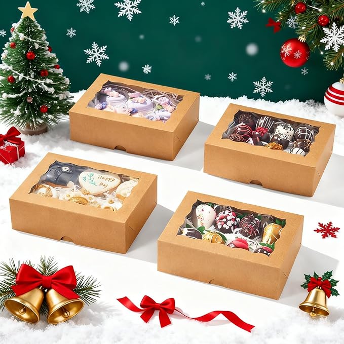 8x6x2.5 Inch 25PCS Baking Boxes with Window for Pastry,Muffins,Treat,Macaron,Dount,Cookies,Chocolate Covered Strawberries,Brown Bakery Boxes Strawberry Box