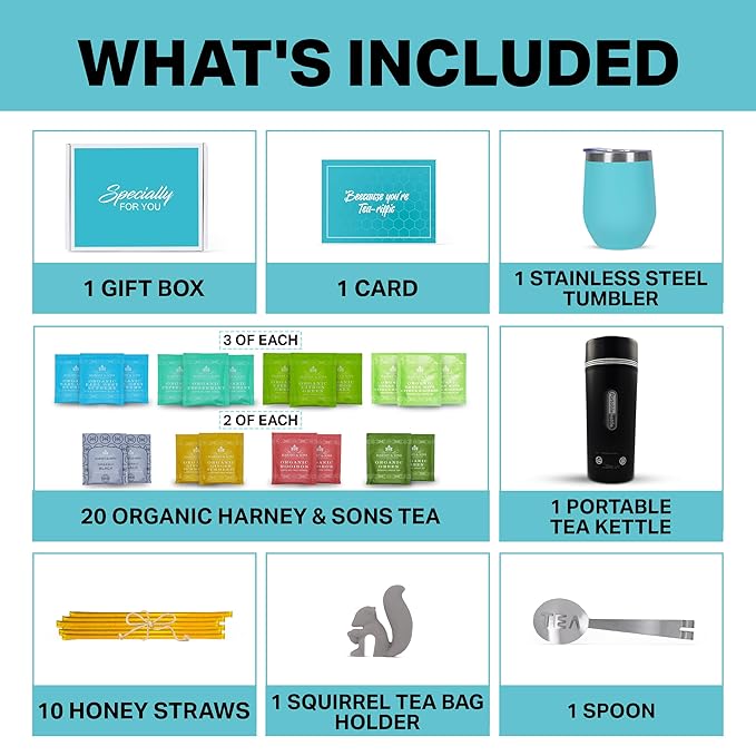 Gift Set with Kettle – 36-Piece Sampler for Tea Lovers with Insulated Mug, Organic Blends & Accessories (Organic Hrny & Sons Tea)