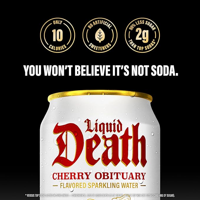 Liquid Death, Cherry Obituary, Soda-Flavored Sparkling Water, 12-Pack (12oz Cans), Low Sugar, Huge Flavor & No Artificial Sweeteners