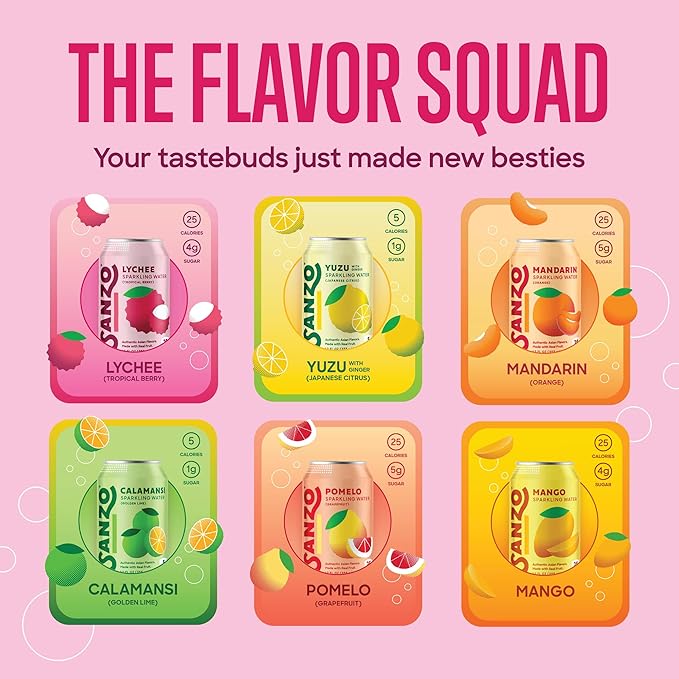 Sanzo Flavored Sparkling Water Variety Pack - Yuzu Lemon Soda, Calamansi Lime Seltzer Water, Pomelo Grapefruit Soda, Mango Sparkling Drink, Lychee Carbonated Drinks, Mandarin Orange - 12oz, 12 Pack