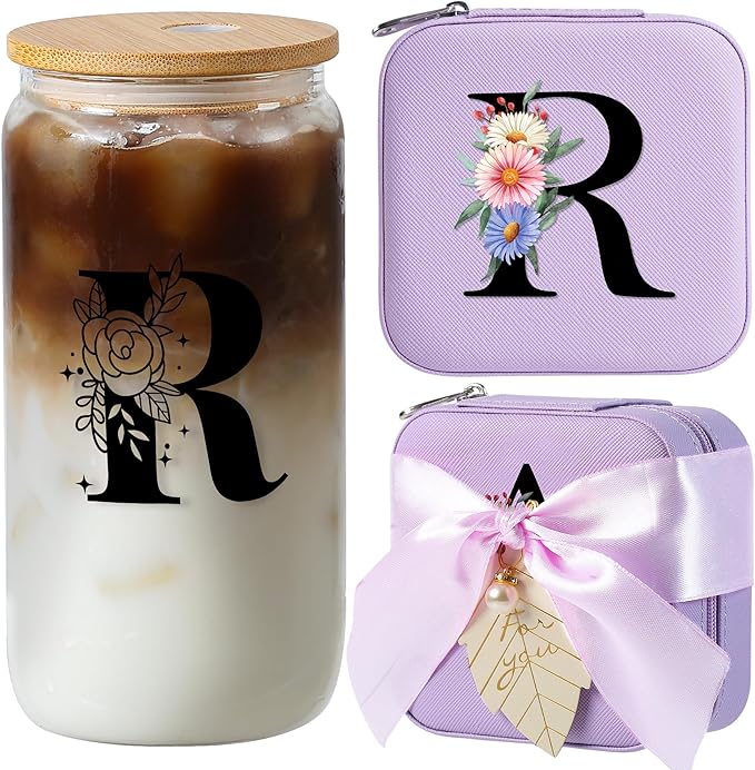 AYGXU Travel Must Have Jewelry Box with Bamboo Lids, Small Travel Case, Birthday Gift for Mom, Initial R Purple