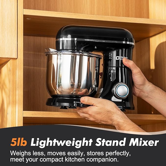 Kitchen in the Box Stand Mixer, 3.5 QT Small Electric Kitchen Mixer, 10-Speed Portable Lightweight Food Mixer with Stainless Steel Bowl, Egg Whisk, Dough Hook, Beater (Black)