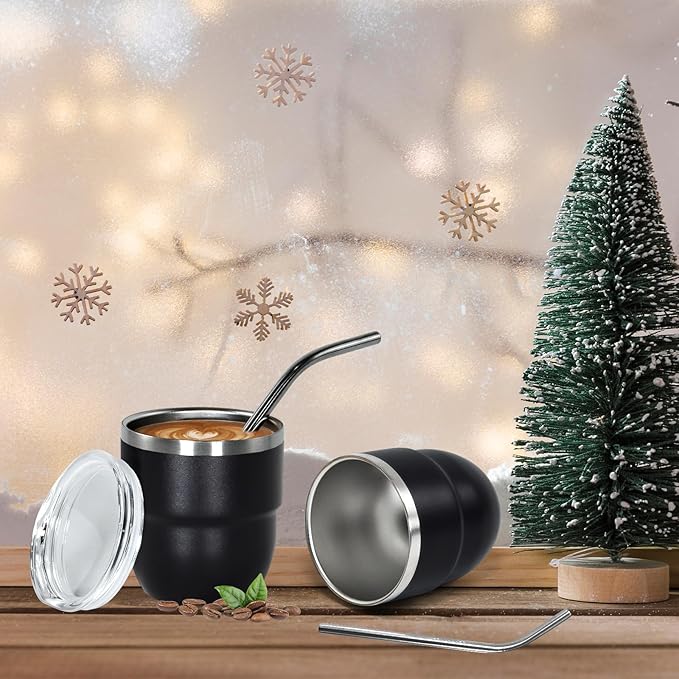 4oz Stackable Cup, Vacuum Insulated Espresso Cup Set of 2, Espresso Shot Glass for Coffee, Double Wall Stainless Steel Mini Tumbler Shot Glasses with Straw and Lid (A-black2P, 4oz)
