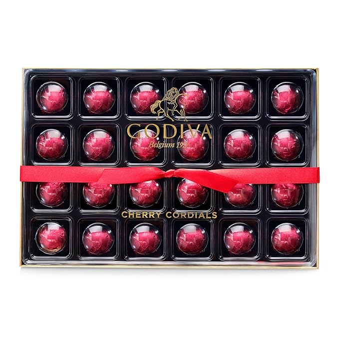 Godiva Holiday Chocolate Covered Cherries Cordial Gift Box - Christmas Candy Assortment with Festive Ribbon, Perfect for Holiday Gift Baskets, 24 Pc