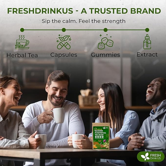 FreshDrinkUS, Premium 75 Tea Bags Glucose Functional Tea – Herbal Blend with Gymnema, Cinnamon, Bitter Melon, Tulsi & More –– Caffeine-Free. Sugar-Free. Gluten-Free. Vegan