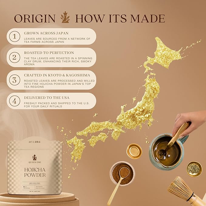 Queen Omi Organic Hojicha Powder | 100% Organic Japanese Roasted Green Tea Powder—Matcha & Coffee Alternative | Low Caffeine, Antioxidant-Rich, Smooth, Toasty, Nutty Flavor | 80g