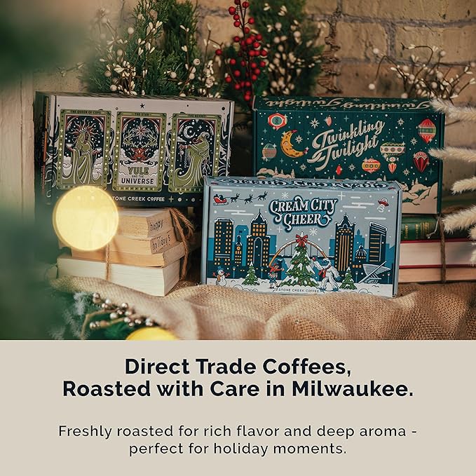 Stone Creek Coffee Yule and the Universe Box (Medium and Light Roast, 8 Oz) – Whole Bean Coffee Sampler Holiday Limited-Edition Gift Set, Uplifting and Deep Roasted Coffee Beans