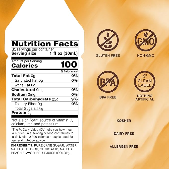 Monin - Peach Syrup, Fresh and Juicy Flavors, Great for Iced Teas, Lemonades, and Sodas, Non-GMO, Gluten-Free (1 Liter, 2-Pack)