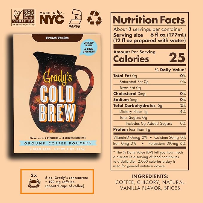 GRADY’S COLD BREW, French Vanilla, 100% Arabica Ground Coffee & Chicory Pouches, TWO Bundles of 4 Easy-to-Brew Bean Bags, Makes 24 drinks