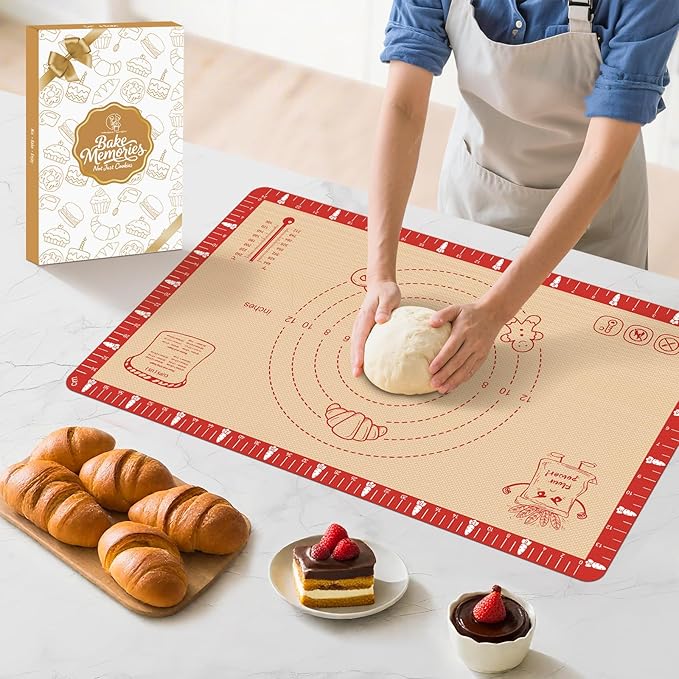 Non-Slip Silicone Baking Mat - 26x16 inch Extra Thick Pastry Mat with Measurements for Sourdough, Macarons, Bread, Pizza, Dough Rolling, Kneading, Heat Resistant to 480°F Gift for Baker