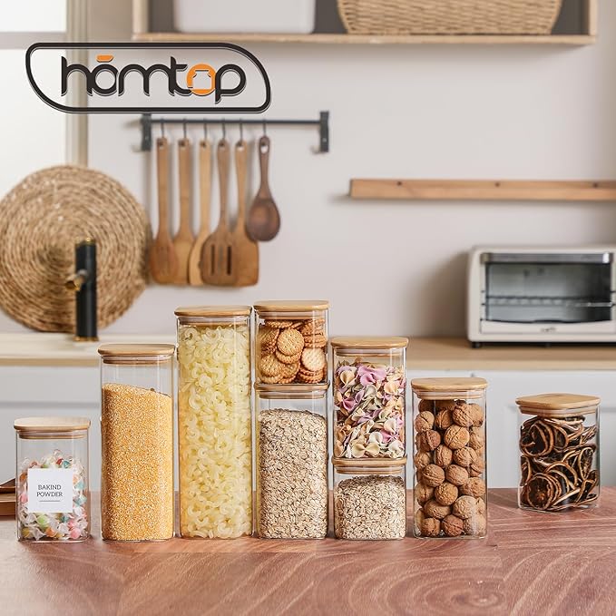 Glass Jars with Bamboo Lids 3 Pack, 74 Oz Airtight Square Storage Container, High Borosilicate Glass Kitchen Canisters for Soild food, Nuts/Cookies/Sugar/Pasta