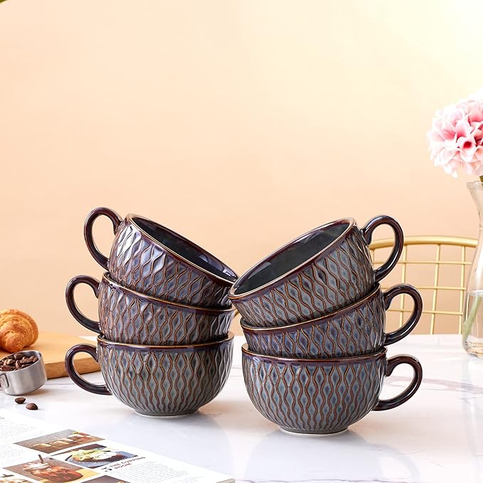Set of 6 Cups Vintage Design 12 oz Professional Barista Ceramic Latte Art Cappuccino Cups Set (Embossed Grey * 6)