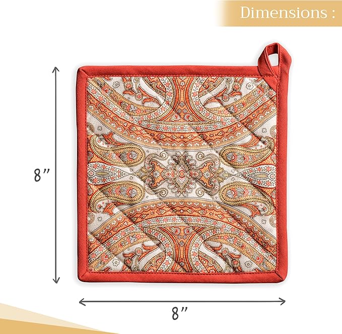 Maison d' Hermine Pot Holders Set 100% Cotton Heat Resistant Potholders 8" x 8" Hot Pads with Loop BBQ, Cooking, Baking, Grilling, Kitchen, Handling Hot Pans (Pack of 2, Kashmir Paisley)
