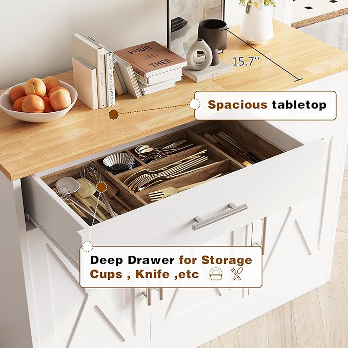 Vongrasig 43” Sideboard Buffet Cabinet with Storage, Farmhouse Coffee Bar with Drawers and Shelves, Wood Buffet Table for Kitchen, Dining Room, White