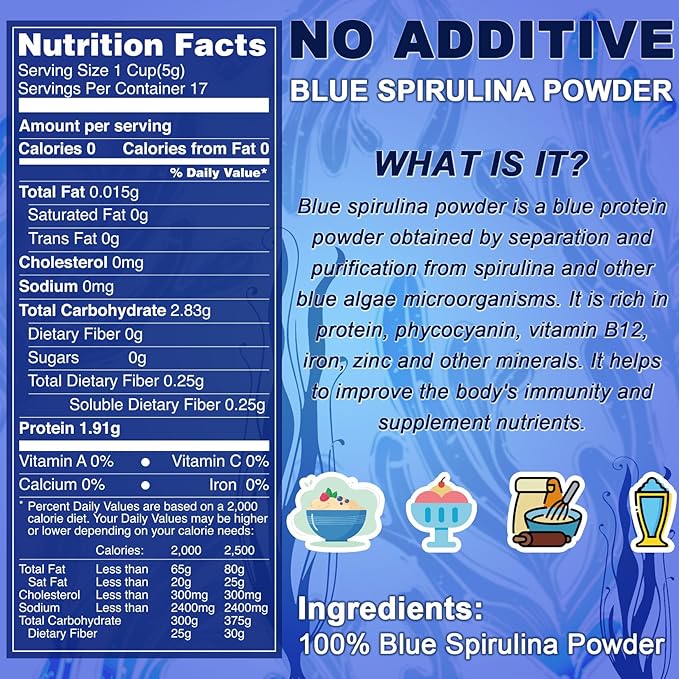 Blue Spirulina Powder - 85g Natural Blue Food Coloring, No Fishy Smell, Food Dye from Spirulina Algae, Plant Based Coloring Powder for Smoothies, Baking, Drinks