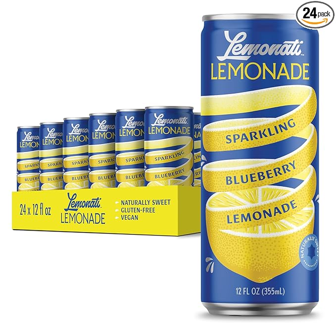 Lemonati Lemonade Sparkling Blueberry Lemonade, No Artificial Sweeteners or Flavoring, Gluten-Free, Kosher, Non-GMO, Vegan, 12 Fl Oz Slim Cans, Pack Of 24, Blueberry Lemonade, 12 Fl Oz (Pack of 24)