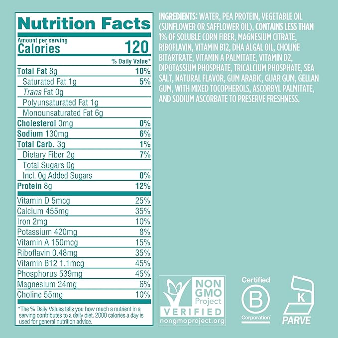 Ripple Kids Unsweetened Plant Based Milk | Pediatrician Recommended | 8g Pea Protein | Shelf Stable | Vegan & Non GMO Certififed | Dairy, Soy, Nut, Gluten, and Lactose Free | 8 Fl Oz (Pack of 12)